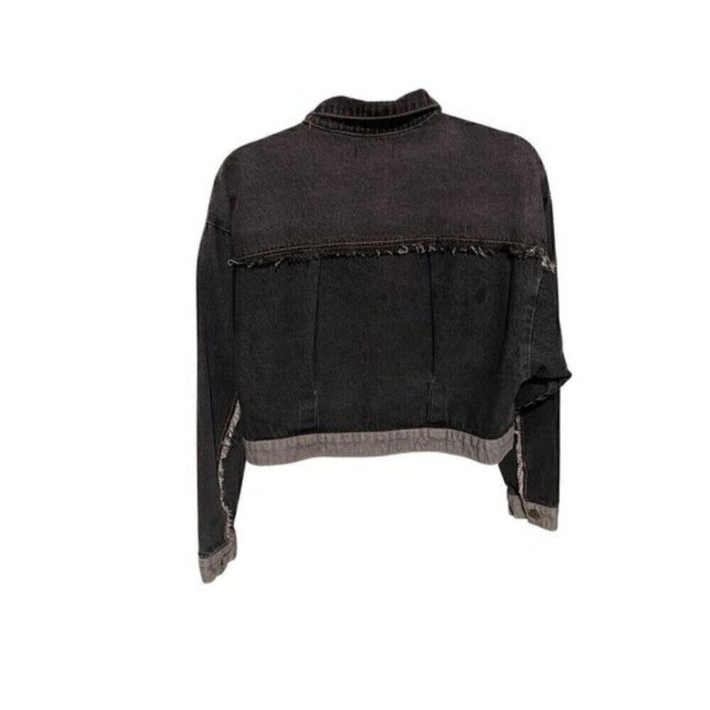 Shein Women Black Cropped Denim Jacket Distressed Frayed Hem Trucker S - Picture 2 of 10